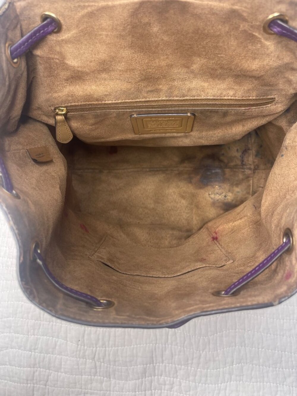 Coach Kleo Pebbled Leather Colorblock Casual Backpack Yellow/Tan/Purple - Picture 12 of 15